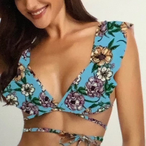 floral ruffle lace up bikini